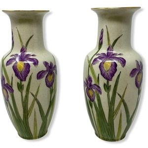 Vtg Andrea by Sadek Pair of Vases Hand painted Purple Iris Signed & Numbered 10"